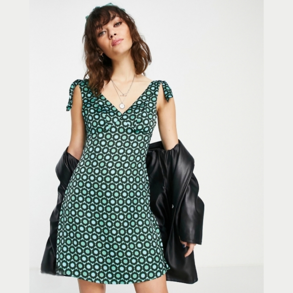 Topshop Womens Floral Tile Print Tie Top Mini Dress Green
